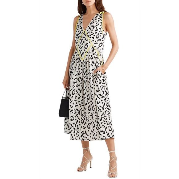 Self Portrait Embroidered Leopard Print Satin Jacquard Pleated Midi Dress Sz 4 - Picture 9 of 9
